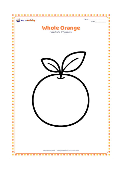 Colouring page: Draw one large whole orange centered on the page with a short stem and two simple leaves. Leave plenty of open space around the fruit for young children to colour.