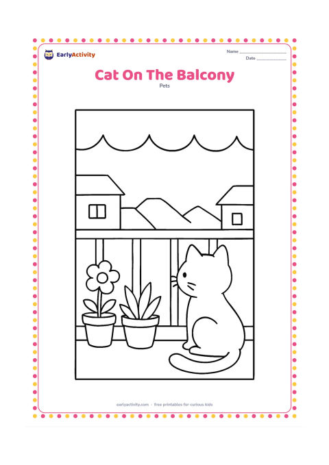 Colouring page: Draw a cat sitting safely behind a low balcony railing, looking at potted plants and distant simple rooftops. Include a broad awning shape above it.