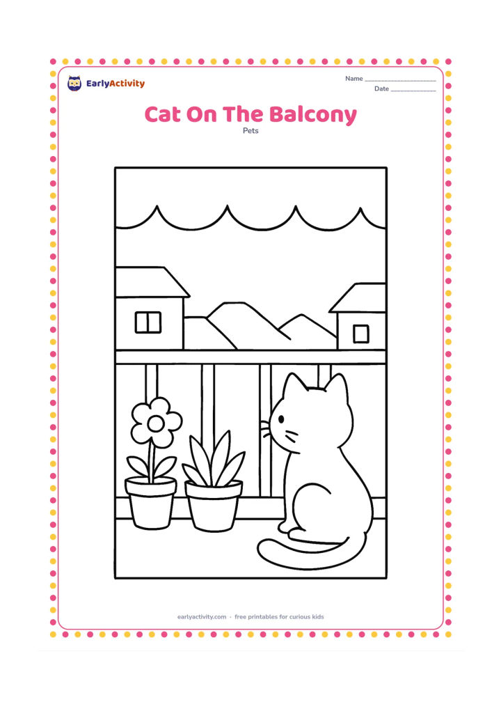 Colouring page: Draw a cat sitting safely behind a low balcony railing, looking at potted plants and distant simple rooftops. Include a broad awning shape above it.