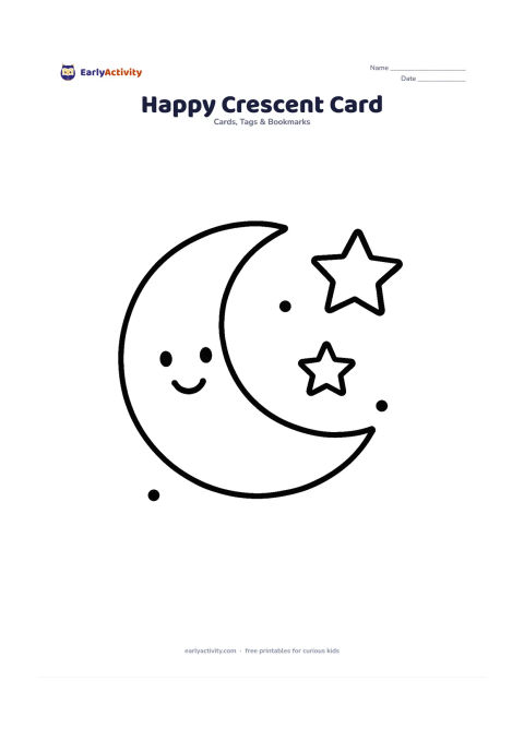 Worksheet: A large crescent moon with a friendly face, two stars, and three small floating dots on a card front. Leave generous empty space around the picture for colouring and a written message.