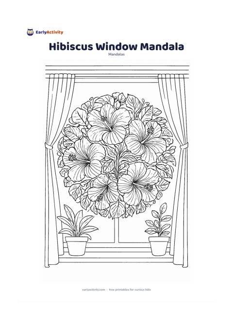 Colouring page: Make a radial mandala from large hibiscus flowers, curling stamens, broad leaves and layered buds. Show the design through an open window with potted plants on the sill and two curtains…