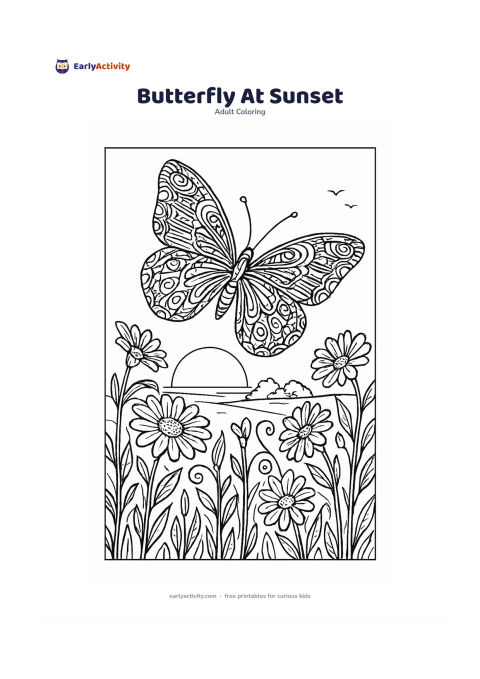 Colouring page: Draw a butterfly flying above a field of tall flowers at sunset, with a low sun, distant trees, curling stems, and a few birds far in the background. Give the butterfly a bold…