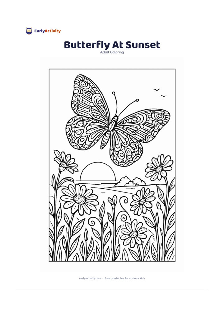 Colouring page: Draw a butterfly flying above a field of tall flowers at sunset, with a low sun, distant trees, curling stems, and a few birds far in the background. Give the butterfly a bold…