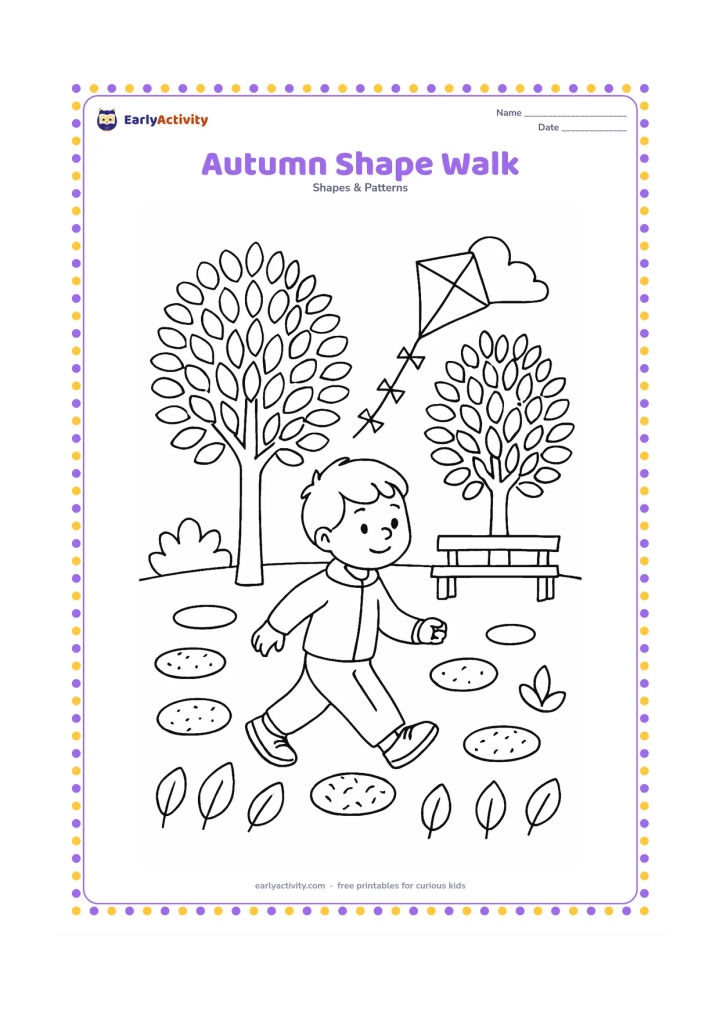 Colouring page: Draw a child walking through a park in autumn, with trees made from repeated oval leaves, rectangular trunks, and patterned circular stepping stones. Add a bench, a kite, and a row of…
