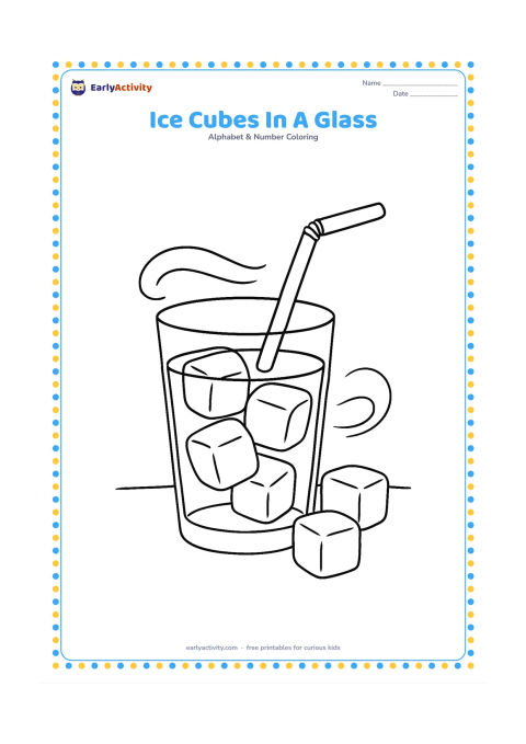 Colouring page: Draw a clear drinking glass filled with large ice cubes and water, with a straw and two loose cubes on a table. Add a simple cool breeze shape behind the glass.