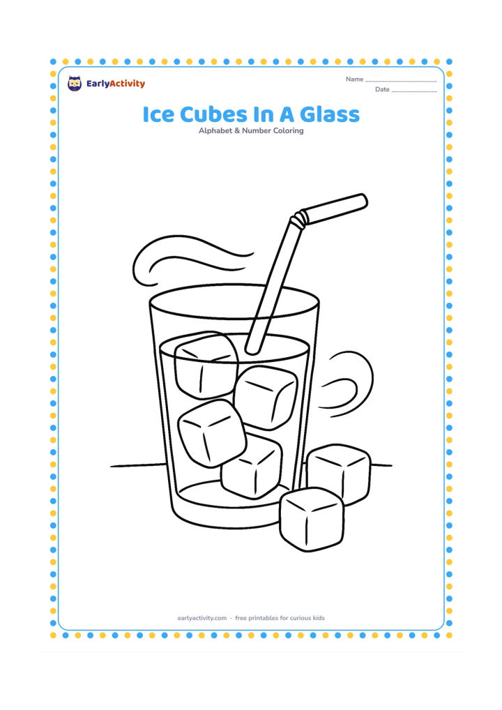 Colouring page: Draw a clear drinking glass filled with large ice cubes and water, with a straw and two loose cubes on a table. Add a simple cool breeze shape behind the glass.