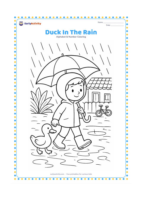 Colouring page: A duck waddles through a rainy village lane beneath a broad umbrella held by a child. Add puddle reflections, rain drops, a tiled-roof house, banana plants and a small bicycle.