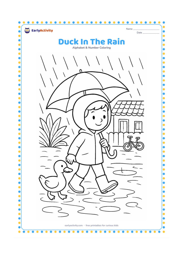 Colouring page: A duck waddles through a rainy village lane beneath a broad umbrella held by a child. Add puddle reflections, rain drops, a tiled-roof house, banana plants and a small bicycle.