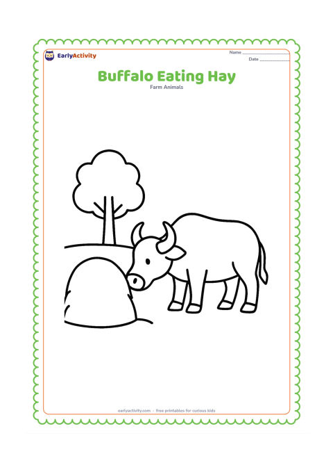 Colouring page: Draw a side-view buffalo lowering its head toward a large round hay pile. Place the scene in a simple farmyard with one tree and a broad ground line.