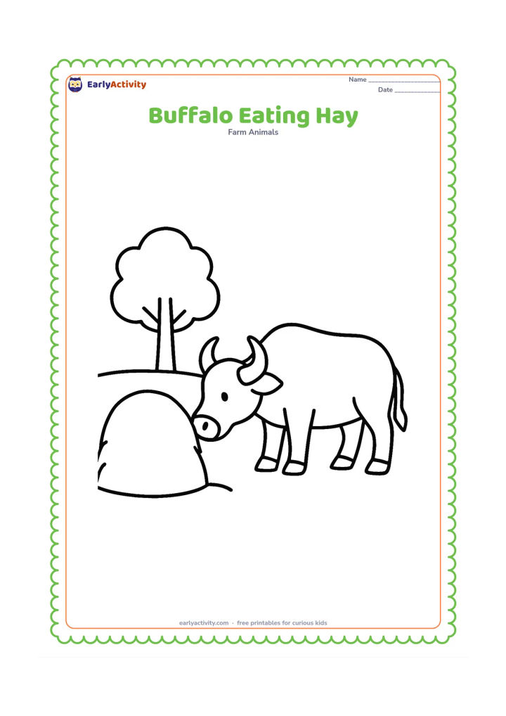 Colouring page: Draw a side-view buffalo lowering its head toward a large round hay pile. Place the scene in a simple farmyard with one tree and a broad ground line.