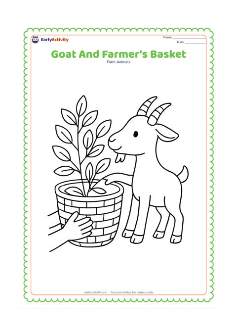 Colouring page: Draw a goat beside a large open woven basket filled with leafy branches, reaching toward one branch. Show a simple pair of human hands holding the basket from the side without drawing a…