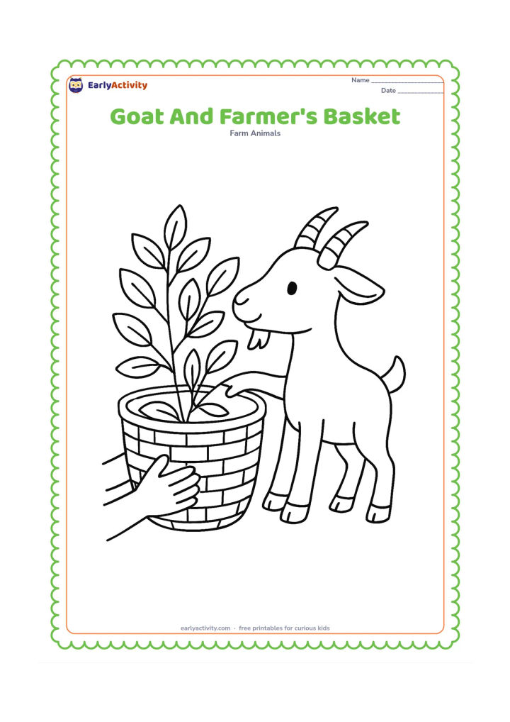 Colouring page: Draw a goat beside a large open woven basket filled with leafy branches, reaching toward one branch. Show a simple pair of human hands holding the basket from the side without drawing a…