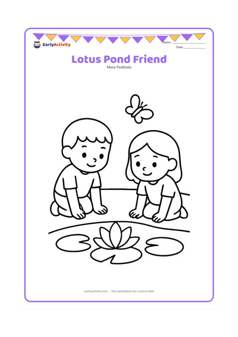 Colouring page: Two children kneel beside a pond, looking at one large lotus flower floating among broad leaves. Add a simple bank and one butterfly.