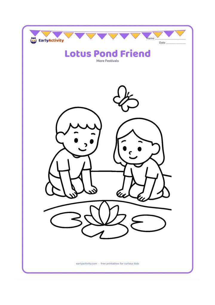 Colouring page: Two children kneel beside a pond, looking at one large lotus flower floating among broad leaves. Add a simple bank and one butterfly.