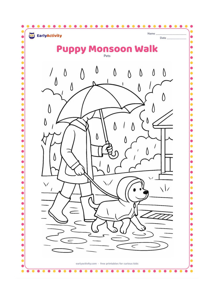 Colouring page: Draw a puppy walking on a leash with an adult during an Indian monsoon afternoon, wearing a simple raincoat. Include puddles, leafy trees, an umbrella, a roadside drain, and a small…