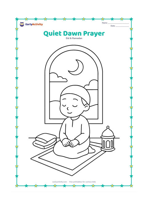 Colouring page: A child sits peacefully on a prayer mat near a window before sunrise, with a folded shawl, a small lantern, and a pale crescent visible outside.