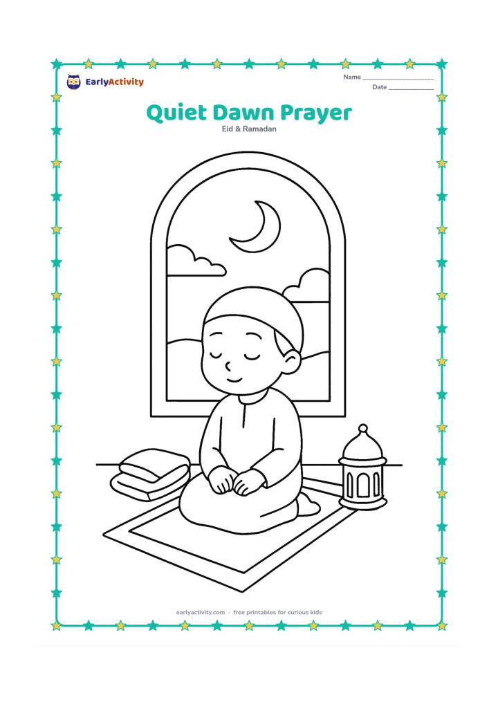 Colouring page: A child sits peacefully on a prayer mat near a window before sunrise, with a folded shawl, a small lantern, and a pale crescent visible outside.
