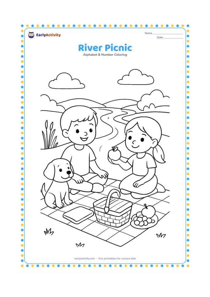 Colouring page: Draw two children having a picnic beside a winding river, with a picnic basket, folded cloth, fruit, reeds and a small bridge in the distance. Include a friendly dog sitting beside the…