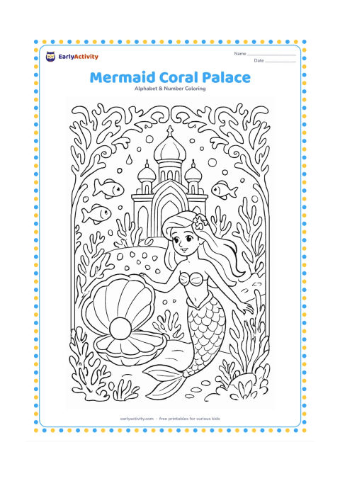 Colouring page: Draw a mermaid visiting a coral palace beneath the sea, surrounded by ornate coral arches, shells, sea plants, bubbles and friendly fish. Include a pearl resting in an open shell, with…