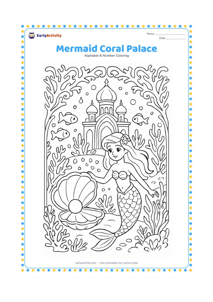Colouring page: Draw a mermaid visiting a coral palace beneath the sea, surrounded by ornate coral arches, shells, sea plants, bubbles and friendly fish. Include a pearl resting in an open shell, with…