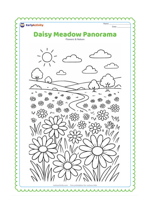 Colouring page: Draw a wide meadow filled with daisies from foreground to distance, with varied grasses, rolling hills, a winding path, scattered trees and a bright sky. Include several large foreground…