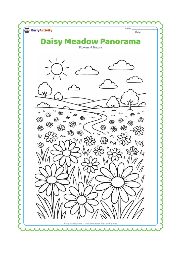 Colouring page: Draw a wide meadow filled with daisies from foreground to distance, with varied grasses, rolling hills, a winding path, scattered trees and a bright sky. Include several large foreground…