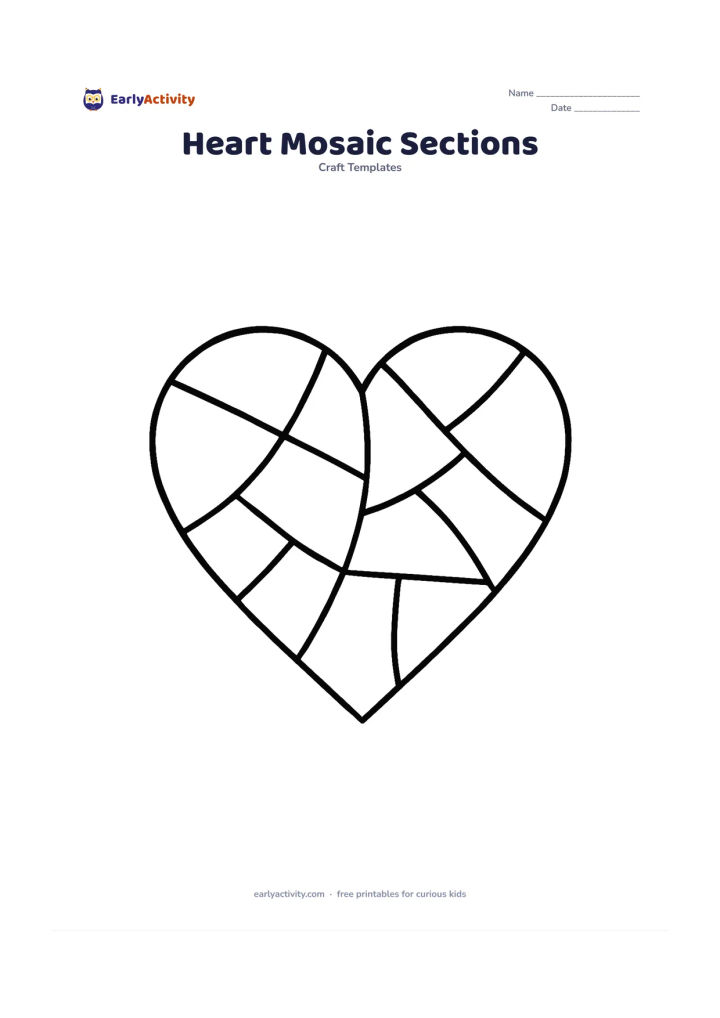 Worksheet: Draw one large heart divided into about twelve broad curved and angular sections, like pieces for a paper mosaic. Keep every section large enough to colour or cut separately.