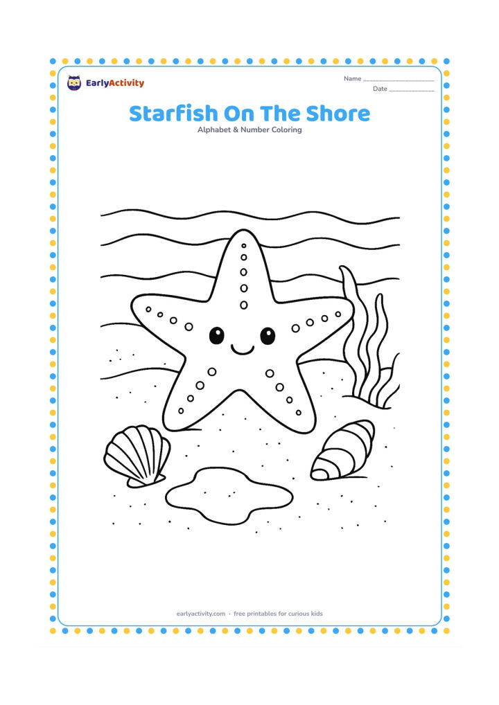 Colouring page: A five-armed starfish rests on a sandy beach beside two shells, a small puddle and curling seaweed, with gentle waves in the background. Add simple dotted texture to the starfish and…