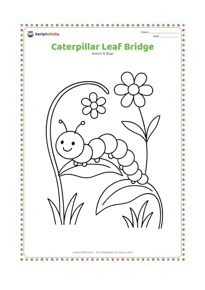 Colouring page: Draw a caterpillar crossing from one large leaf to another over a small gap, with its body forming a gentle arch. Add a curved stem, two flowers, and a few blades of grass.