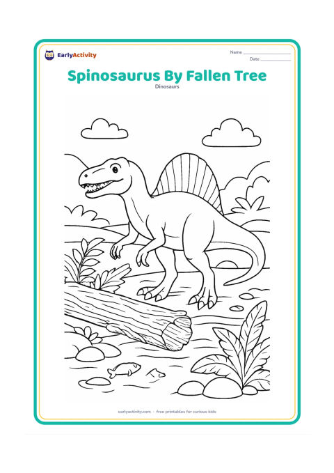 Colouring page: A Spinosaurus steps around a fallen tree beside a shallow river. Add textured bark, broad ferns, smooth stones, a few fish and the dinosaur's clearly visible sail and tail.
