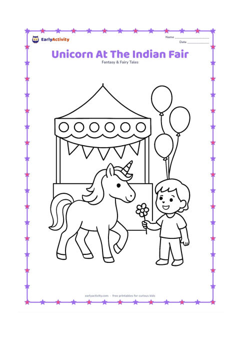 Colouring page: Draw one unicorn walking beside a simple Indian fair scene with a decorated canopy, hanging pennant shapes without markings, a few balloons, and a child offering a flower. Keep the…