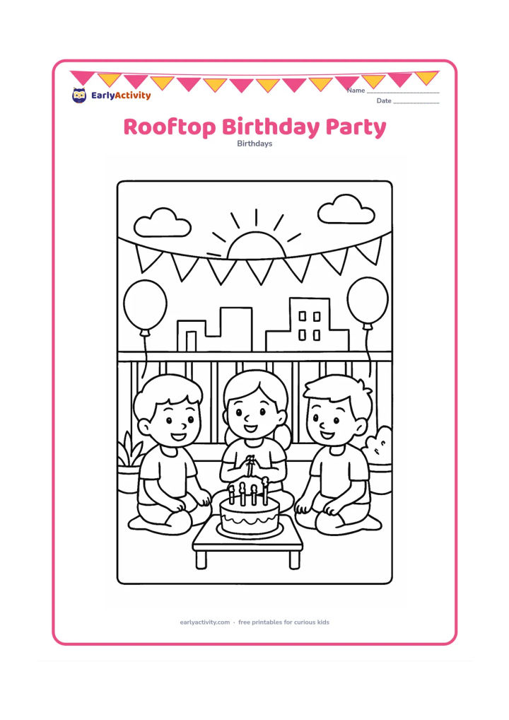 Colouring page: On an Indian rooftop at sunset, three children sit around a low table with a cake and candles while paper streamers and balloons hang from a simple railing. Include a few distant…