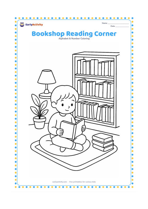 Colouring page: Draw a cosy reading corner with a child sitting on a cushion beside a tall shelf of books, holding one open blank book. Add a small lamp, a rug, potted plant and neatly stacked books…