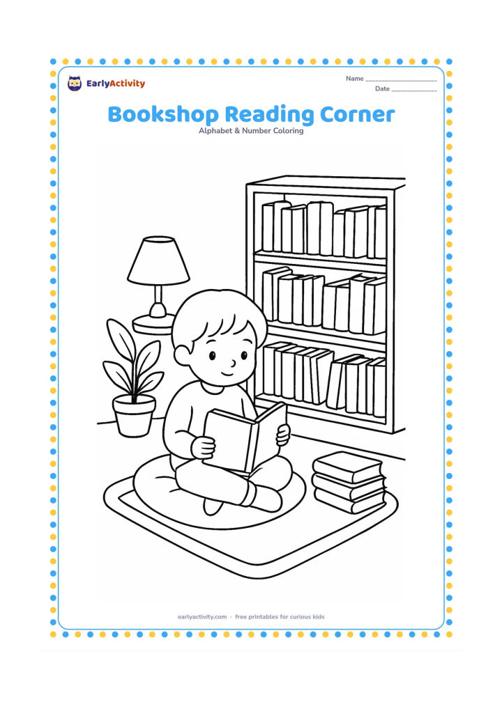 Colouring page: Draw a cosy reading corner with a child sitting on a cushion beside a tall shelf of books, holding one open blank book. Add a small lamp, a rug, potted plant and neatly stacked books…