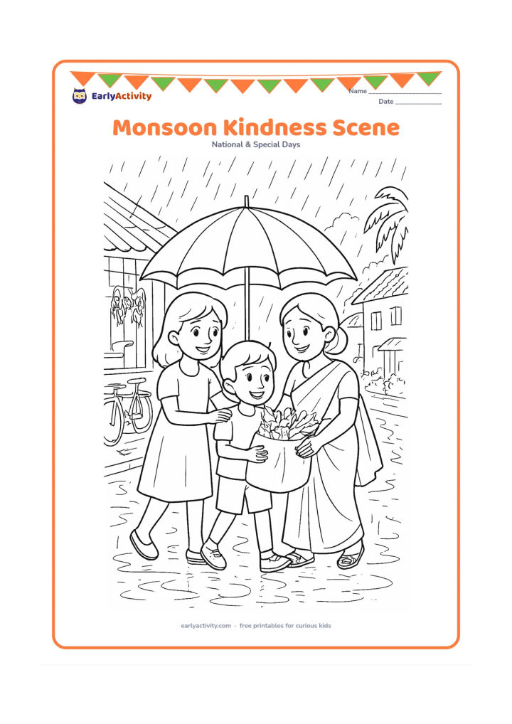 Colouring page: Draw two children sharing a large umbrella while helping a neighbour carry groceries along a rainy Indian lane. Include puddle reflections, a covered shopfront, bicycles, dripping plants…