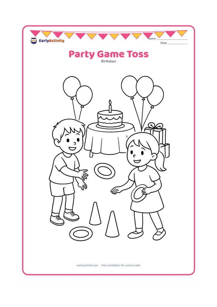 Colouring page: Two children toss soft fabric rings toward three upright cones at a birthday party. Place a cake table, balloons, and wrapped gifts in the background.
