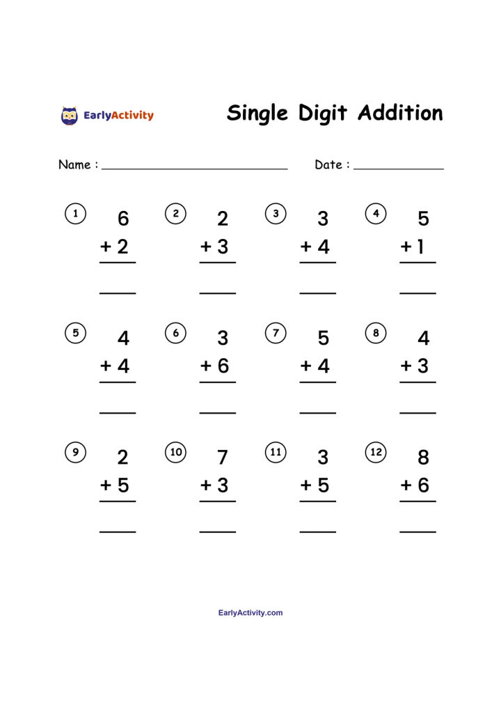 Worksheet with 12 vertical single-digit addition problems, plus name and date lines at the top.