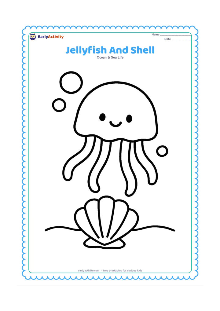 Colouring page: Draw one big jellyfish hovering above a single large seashell on the seabed. Include four curved tentacles and three oversized bubbles.