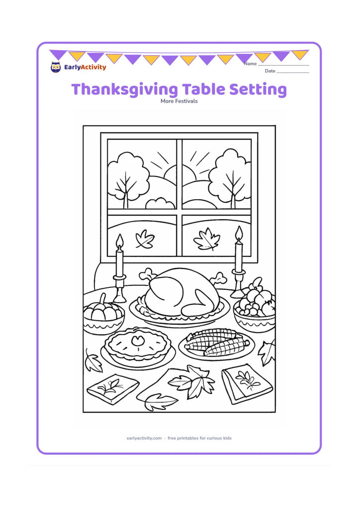 Colouring page: A richly arranged dining table holds a turkey platter, pumpkin pie, corn, fruit bowls, folded napkins, candles and autumn leaves. Show a window behind the table with trees at sunset, but…