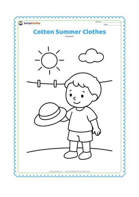 Colouring page: A child in a loose cotton shirt and shorts stands beside a clothesline holding a sunhat, with a sun and two simple clouds overhead.