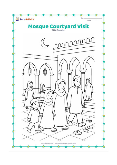 Colouring page: Draw children and adults walking through a mosque courtyard after prayer, with arches, a fountain, lanterns, shoes arranged near an entrance, and a crescent moon overhead.