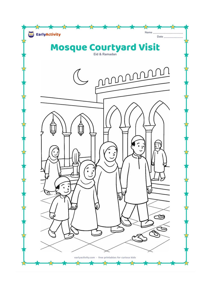 Colouring page: Draw children and adults walking through a mosque courtyard after prayer, with arches, a fountain, lanterns, shoes arranged near an entrance, and a crescent moon overhead.