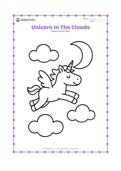 Colouring page: Draw one flying unicorn with its legs stretched out, surrounded by three large clouds and a big crescent moon. Keep the scene spacious and friendly.