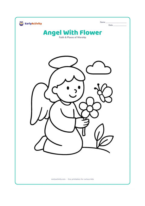 Colouring page: A friendly angel kneels while offering one oversized flower to a small butterfly. Place two simple leaves and a low cloud behind the angel.