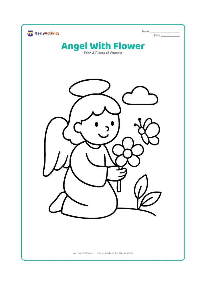 Colouring page: A friendly angel kneels while offering one oversized flower to a small butterfly. Place two simple leaves and a low cloud behind the angel.