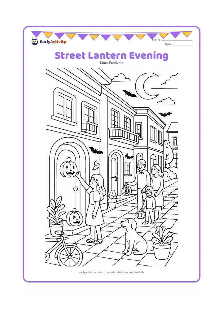 Colouring page: Draw a welcoming Indian residential street at twilight where families hang pumpkin decorations and paper bats near doorways. Include a bicycle, potted plants, a friendly dog, balconies,…