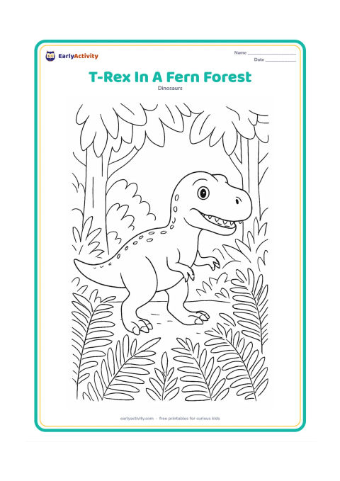 Colouring page: A walking T-Rex moves through a prehistoric fern forest, with overlapping ferns in the foreground, tree trunks behind, and a small opening of sky. Add a few visible scales along its back.