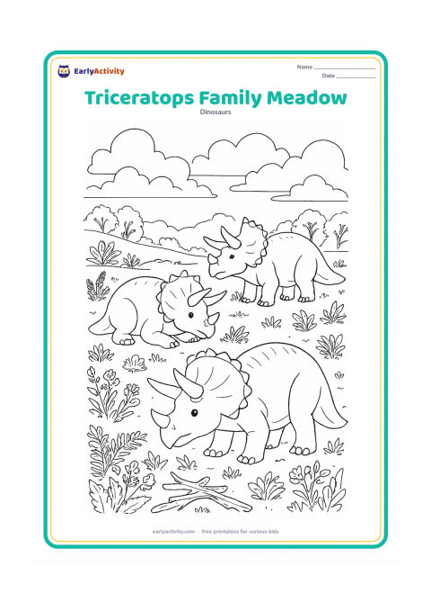 Colouring page: A family group of three triceratops rests and grazes in a wide meadow surrounded by ferns, flowering prehistoric plants, fallen branches, distant trees, and layered clouds. Vary the…