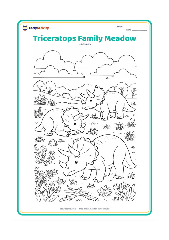 Colouring page: A family group of three triceratops rests and grazes in a wide meadow surrounded by ferns, flowering prehistoric plants, fallen branches, distant trees, and layered clouds. Vary the…