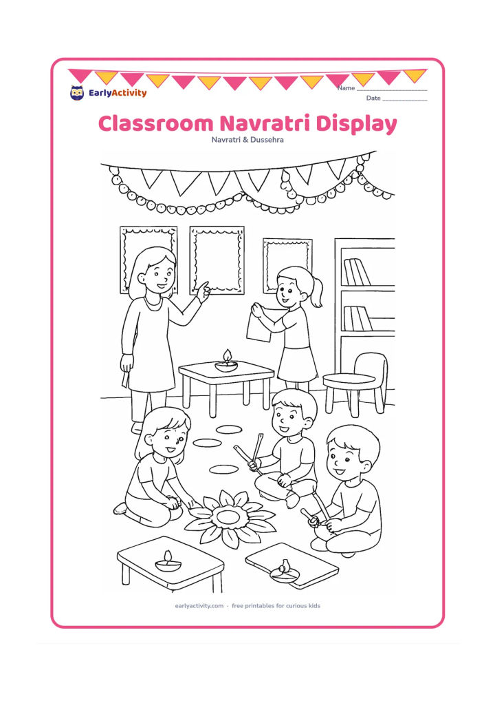 Colouring page: Draw a primary classroom where children display coloured festival artwork, arrange paper rangoli pieces, and practise a seated dandiya rhythm. Include a teacher, low tables, diyas,…